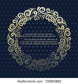 Vintage card with elegant decoration, calligraphic round frame, elegant vignette, wedding invitation, diploma design etc. Dark blue background