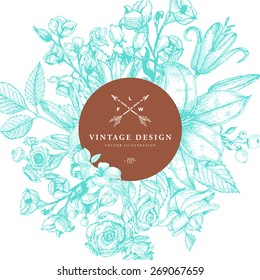 Vintage Card With Engraving Flowers. Floral Wreath. Flower Frame For Summer Logo And Label Designs.