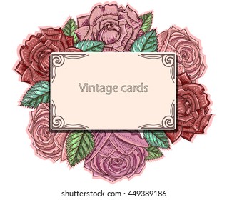 Vintage card with faded roses muted tones, monogram and frame