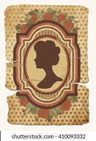 Vintage card with female silhouette, vector illustration