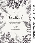 Vintage card with fern leaves and black berries. Wedding invitation. Engraving style. Botanical illustration.  Design elements. Vector. Black and white.