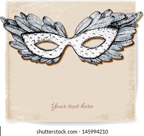 Vintage card with festive venetian mask. Realistic shadow. Vector illustration.