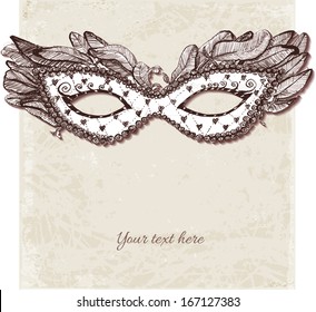 Vintage card with festive venetian mask. Vector illustration. 