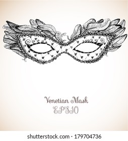 Vintage card with festive venetian mask. Vector illustration. 