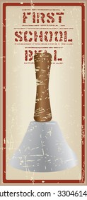 Vintage Card, the first school bell, with a bell on the wooden handle. Vector illustration.