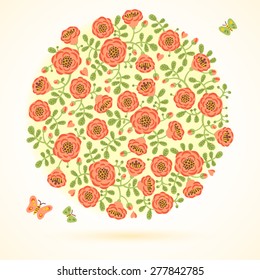Vintage card with floral bouquet and butterflies. Vector illustration.