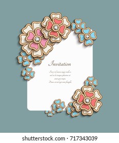 Vintage card with floral corner decoration, vector jewelry frame with artificial flowers, wedding invitation or announcement template, eps10