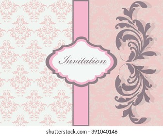 Vintage card with floral damask ornament pattern and stripes. Place for text. Rose quartz color. Vector