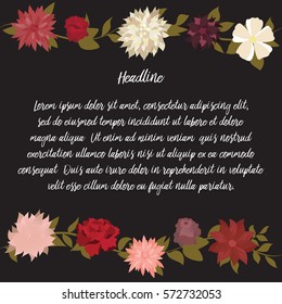 Vintage card with floral decorations on black background and place for your text.