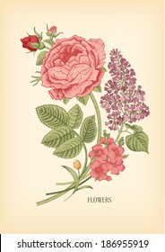 Vintage card with floral drawn Victorian bouquet of roses and lilac on a beige background. Vector design element.