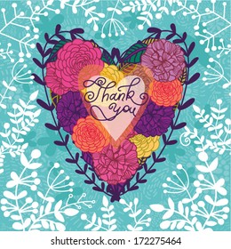 Vintage  card with floral heart for stylish invitation designs. Bright colored flowers.  Floral retro wallpaper and greeting card.