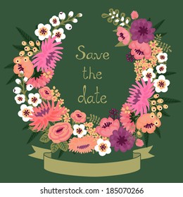 Vintage card with floral wreath. Save the date. Wedding invitation. Vector illustration.