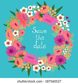 Vintage card with floral wreath. Save the date. Wedding invitation. Vector illustration.