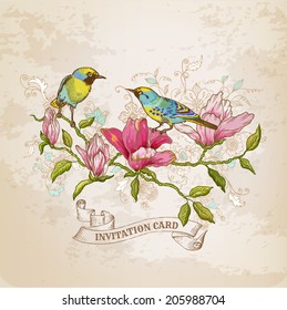 Vintage Card - Flowers and  Birds - for design and scrapbook in vector