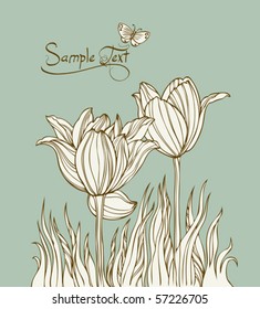 Vintage card with flowers and butterfly - Vector