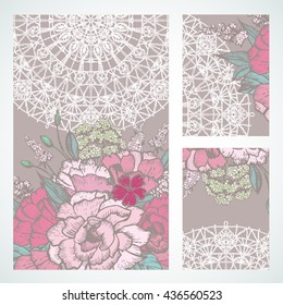 Vintage card with flowers and lace. Hand graphics. Set of beautiful and vintage card.