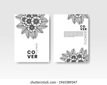 Vintage card with flowers on background. Book cover with flower texture. Black lines on white background. Vector illustration.