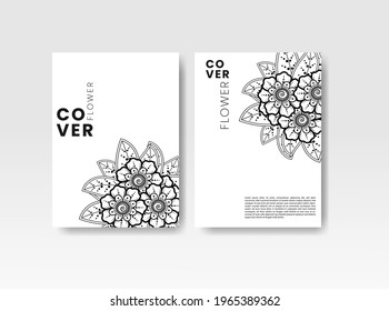 Vintage card with flowers on background. Book cover with flower texture. Black lines on white background. Vector illustration.