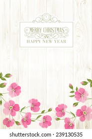 Vintage card with flowers on background and merry Christmas sign. Vector illustration.