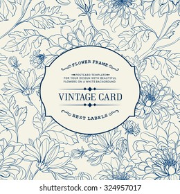 Vintage card with flowers on background. Book cover with flower texture. Blue lines on white background. Vector illustration.