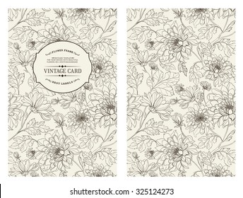 Vintage card with flowers on background. Book cover with flower texture. Black lines on white background. Vector illustration.