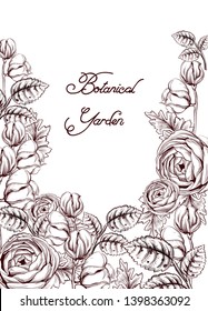 Vintage card with flowers Vector lineart. Narcissus, peony and roses old effect styles