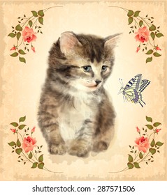 Vintage card with fluffy kitten and butterfly.  Imitation of watercolor painting. 
