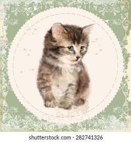 Vintage card with fluffy kitten. Imitation of watercolor painting. 