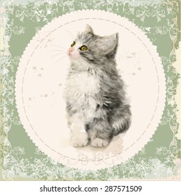 Vintage card with fluffy kitten. Imitation of watercolor painting. 