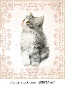 Vintage card with fluffy kitten. Imitation of watercolor painting. 