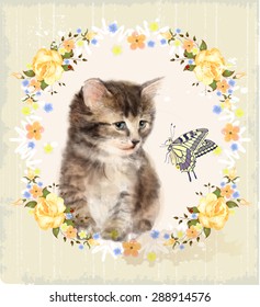 Vintage card with fluffy kitten, roses and butterfly. Imitation of watercolor painting. 