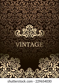 Vintage card with Vintage frame and border on  seamless Ornamental background in brown