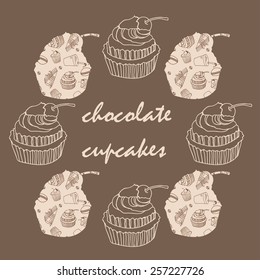 Vintage card with frame of chocolate cupcakes vector illustration