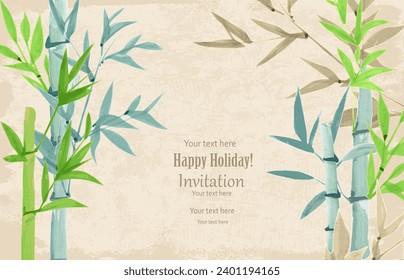 vintage card with frame of watercolor bamboo plants against beige grungy paper background. 