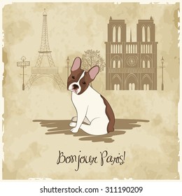 Vintage card with french bulldog in Paris