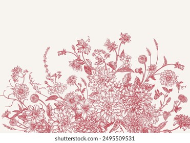 Vintage card with garden flowers in engraving style. Bouquet with chrysanthemums, dahlias, dogwood berries, zinnias, spikelets. Vector botanical detailed illustration. Red.