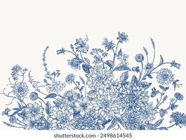 Vintage card with garden flowers in engraving style. Bouquet with chrysanthemums, dahlias, dogwood berries, zinnias, spikelets. Vector botanical detailed illustration. Blue