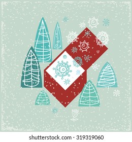 Vintage card with gift box, Christmas trees and snowflakes. Vector illustration.