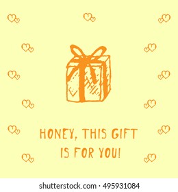 Vintage card with a gift. Yellow background with box. Birthday card with small hearts, gifts ideas for Happy Birthday! Greeting card with Congratulations. Old postcard with  orange box painted by hand