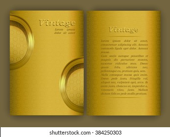 Vintage card with golden arabic texture and architectural elements. Decorative oriental templates for Brochure, Flyer or Booklet. Front page and back page, size A5. Elegant layout.