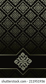 Vintage card with golden  border on seamless damask pattern in black