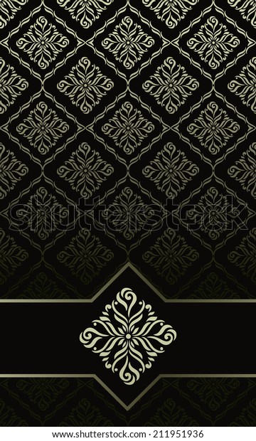 Vintage card with golden  border on seamless damask\
pattern in black