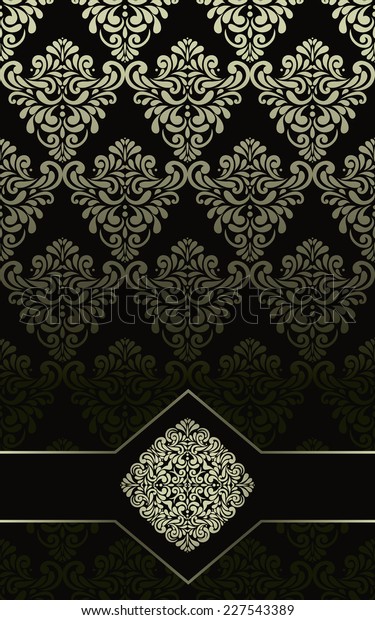 Vintage card with golden border on seamless damask
pattern in black 