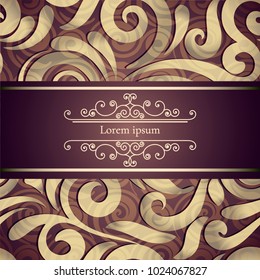 Vintage card with golden FRAME on trendy violet vignette background. 