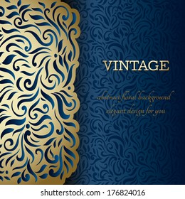 Vintage card with golden lace border on seamless pattern in blue 