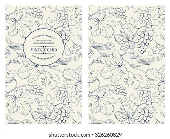 Vintage card with grapes on background. Book cover with vine texture. Black lines on white background. Vector illustration.