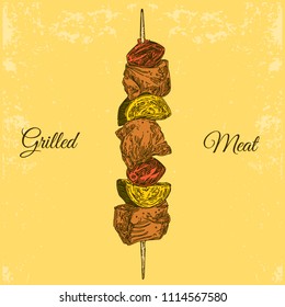 Vintage card with grilled meat on a skewer. Color. Engraving style. Vector illustration.