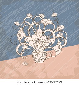 Vintage card with hand drawn bouquet flowers in the cup in retro style for invitation at tea party, birthday. Print for home art. eps 10.
