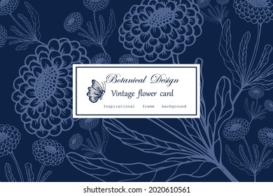 Vintage card hand drawn cosmos and leaves flower floral wreath Floral frame for flowershop with label design rose flowers greeting card Floral background for cosmetic packaging.vector illustration

