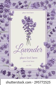 Vintage card with hand drawn floral elements in engraving style - fragrant lavender. Vector illustration.